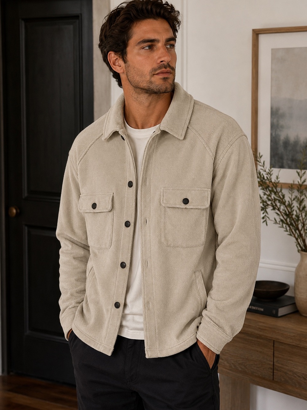 Men's Beige Button-Front Utility Jacket Heavyweight Like new! - Picture 2 of 4